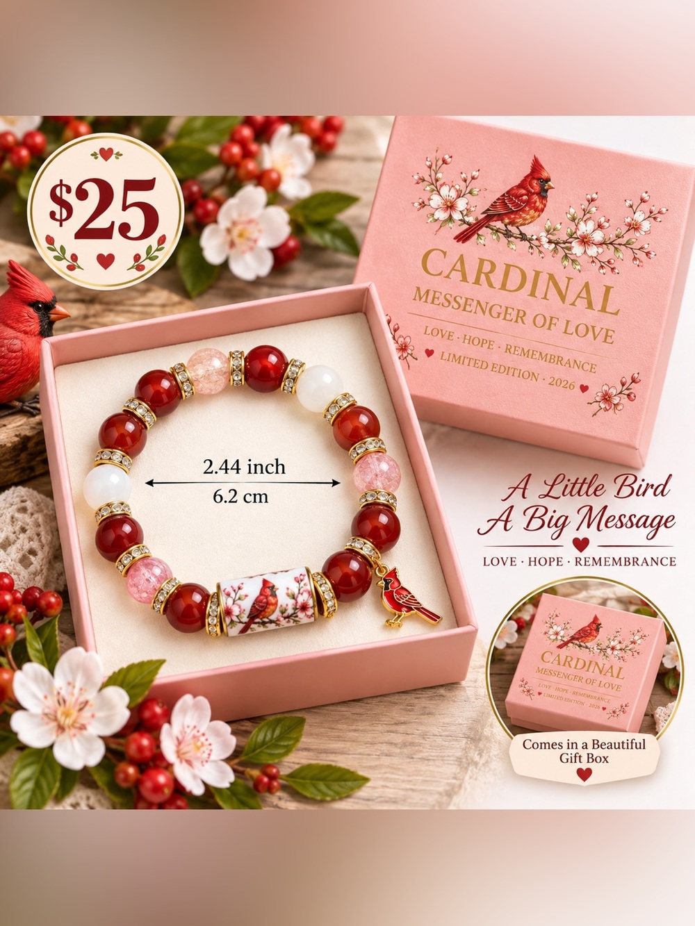 Cardinal Women's Beaded Bracelet - Red & Pink